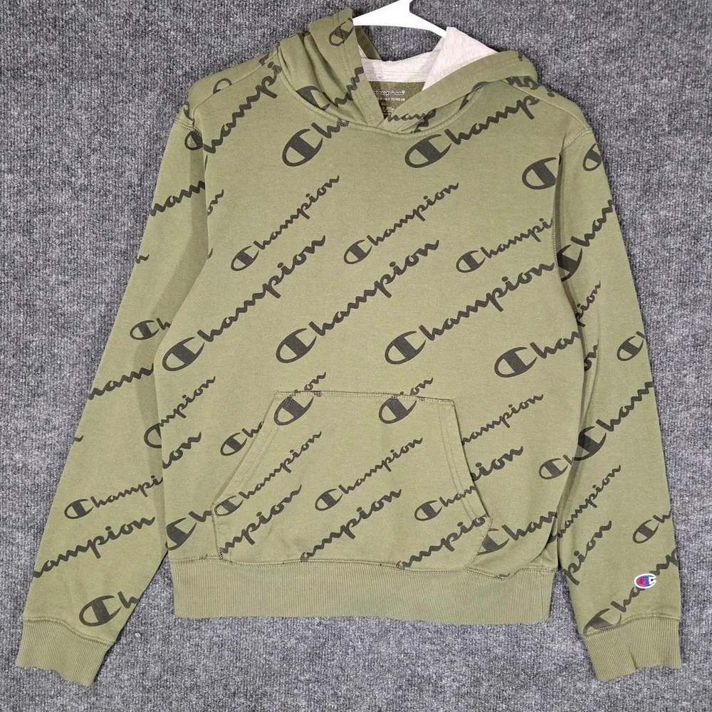 Champion Hoodie Boys XL Green All Over Script Logo Pullover Sweatshirt